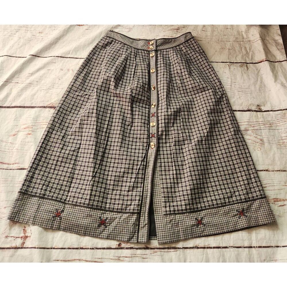 Meico Vintage Landhaus Look Plaid Button Front Embroidered Skirt Size 18